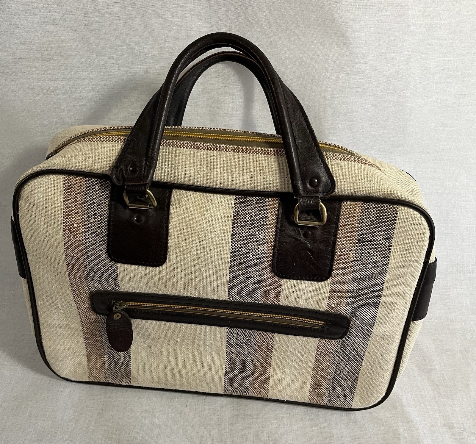 vintage MOLMAX stripe slubby canvas and leather carry-on overnight travel bag