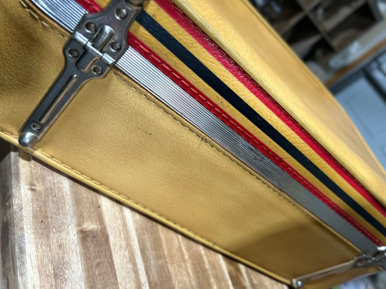 Vintage Amelia Earhart Mustard Yellow Hardside Train Case w/ Red/ Black Stripes