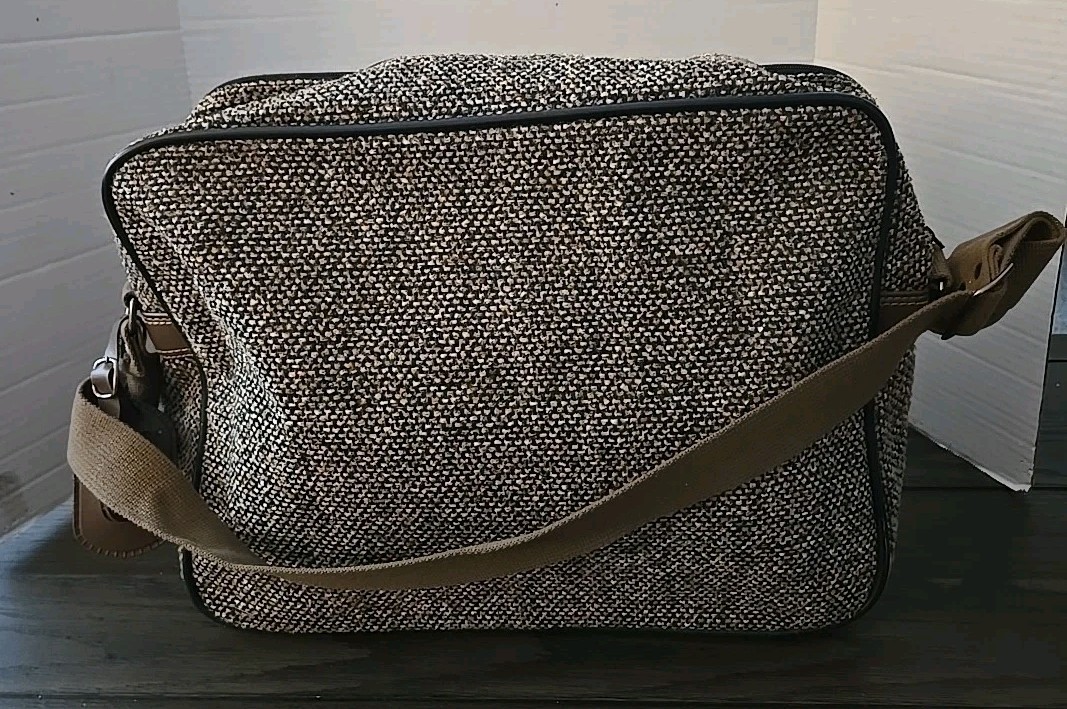 Verdi Travel Bag Vintage Tweed Faux Leather 70s Brown Pockets Shoulder Strap USA