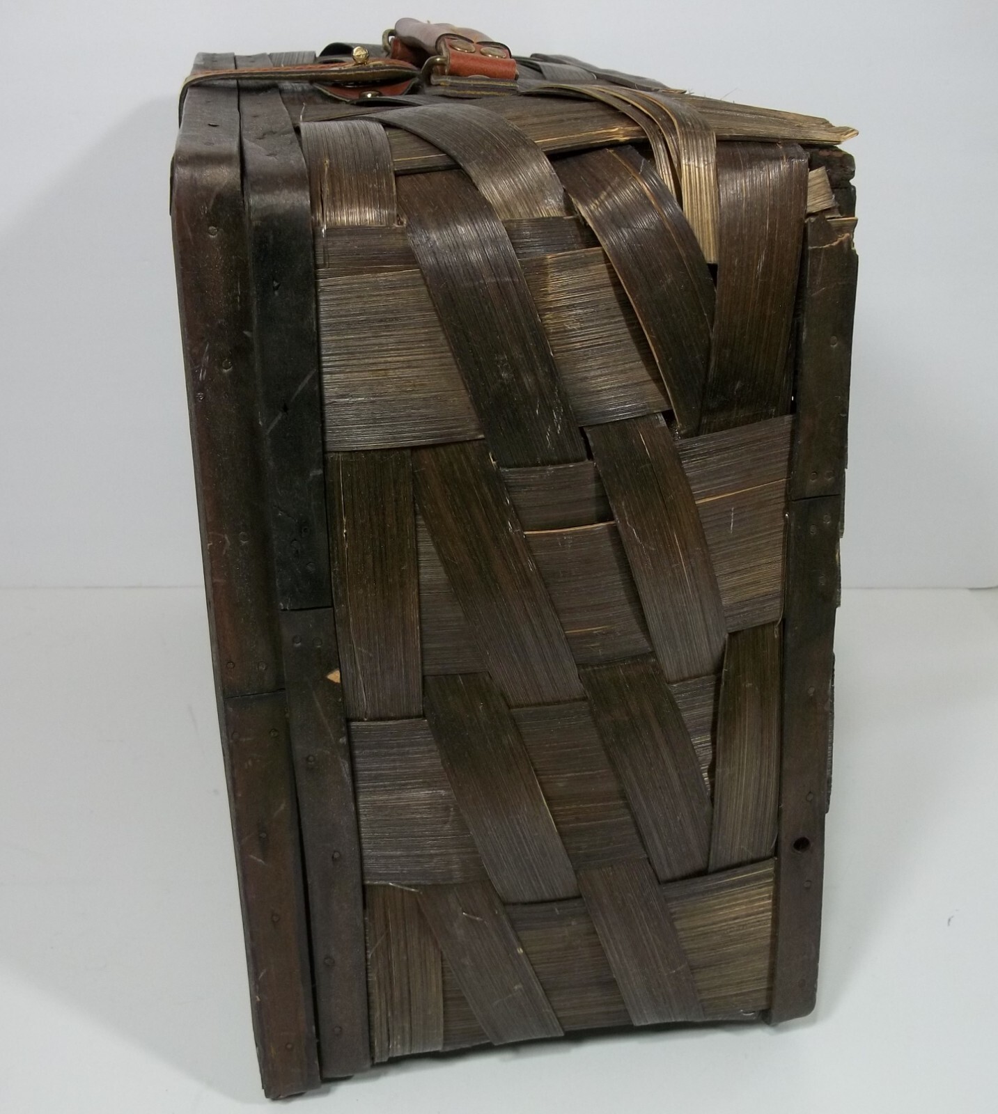 Wide Split Bamboo Suitcase Overnight Bag Carry On Leather Handle & Closure Strap