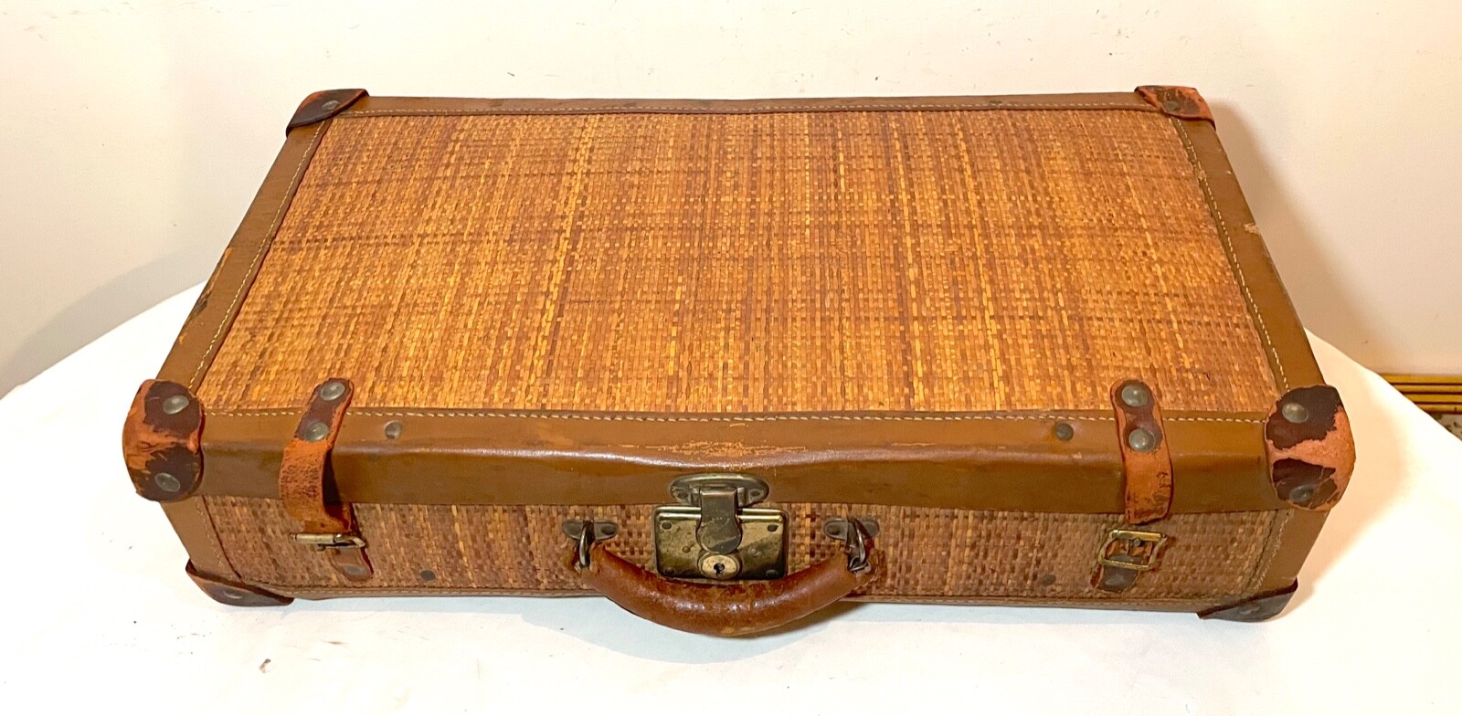 rare antique 19th century handmade woven wicker leather brass travel suitcase