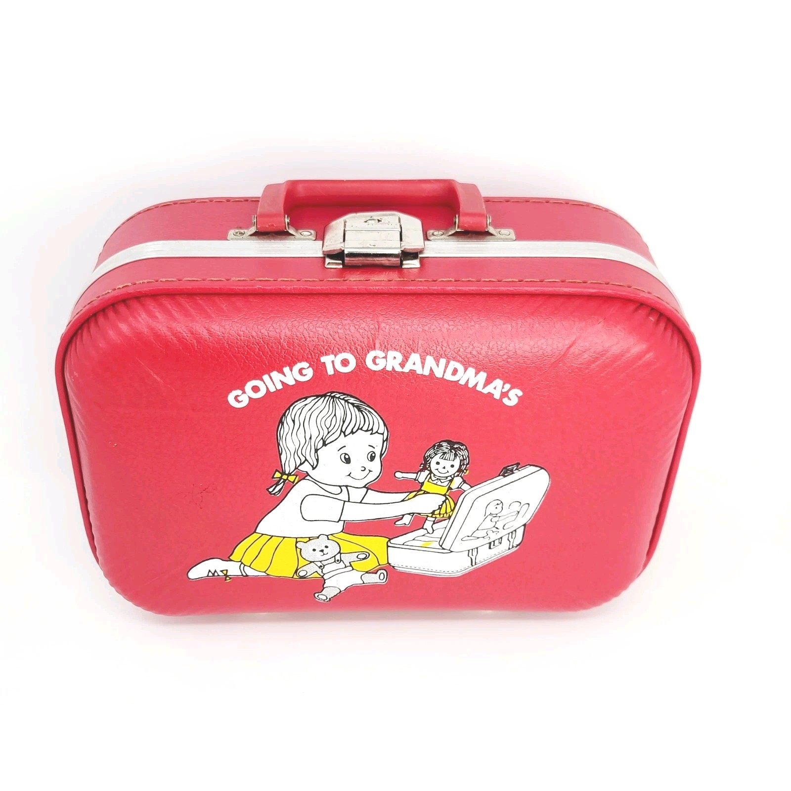 Going To Grandmas Vintage Suitcase Trojan Luggage Co Girl With Dolls Red 1960s