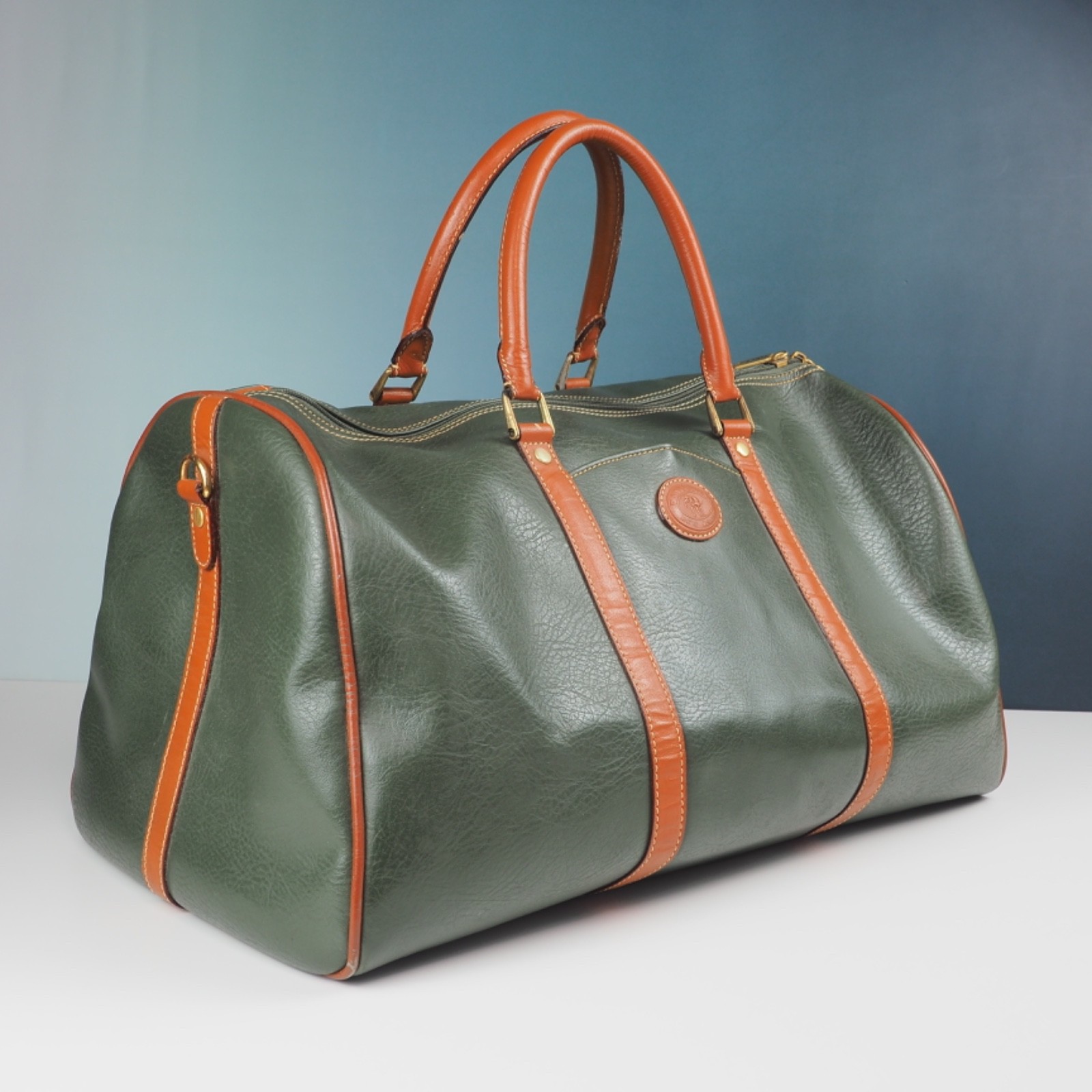 Vintage Franco Rino Green Faux Leather Boston Bag Travel Luggage Retro 80s