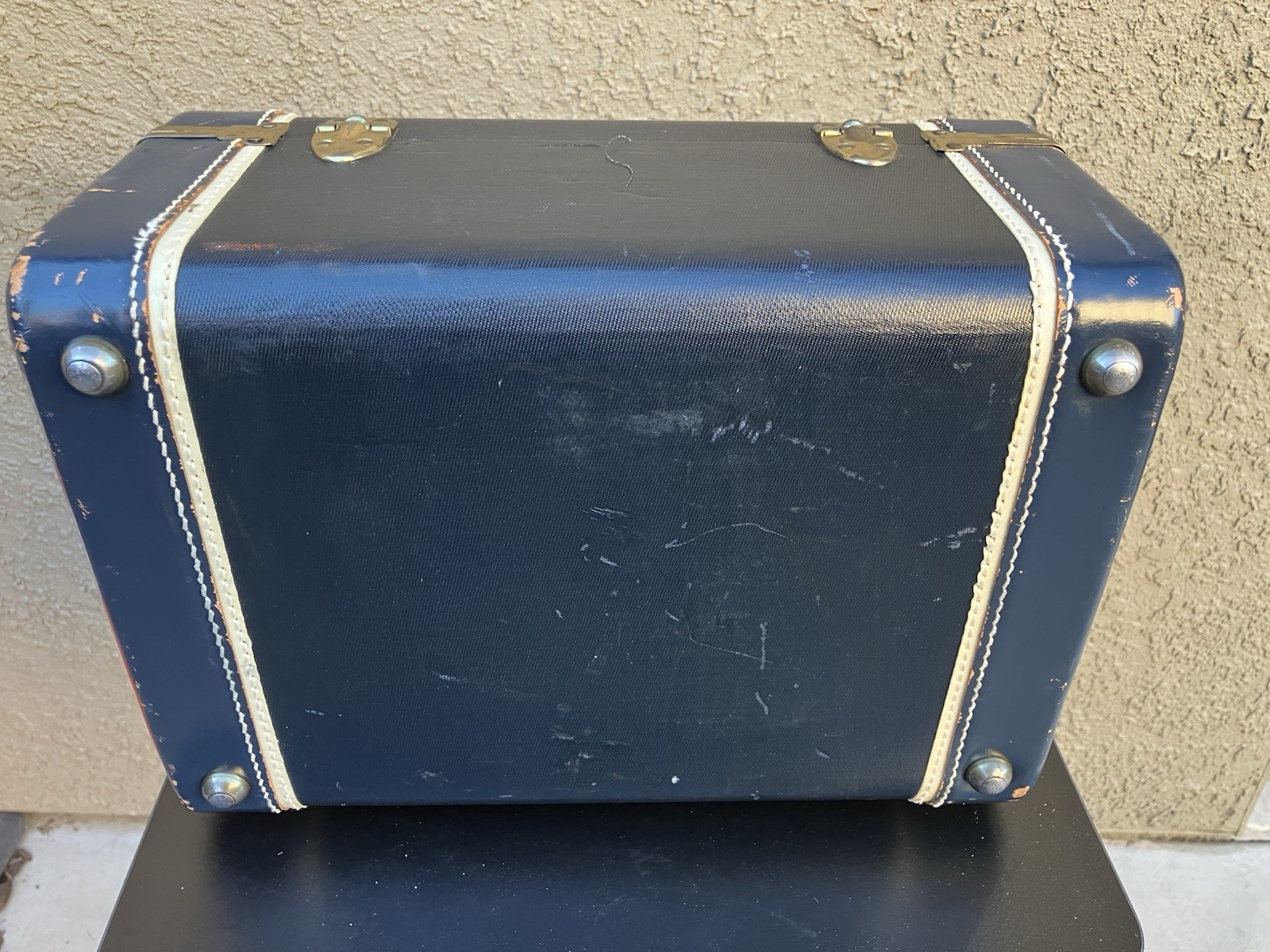 VINTAGE White Star Travel Luggage Suitcase With Mirror Blue And White