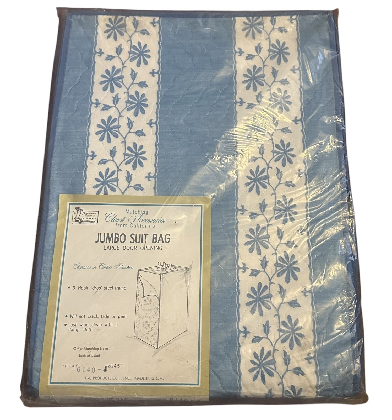 Vintage Universal Jumbo Suit Length Travel Garment Bag Blue White Floral 45″
