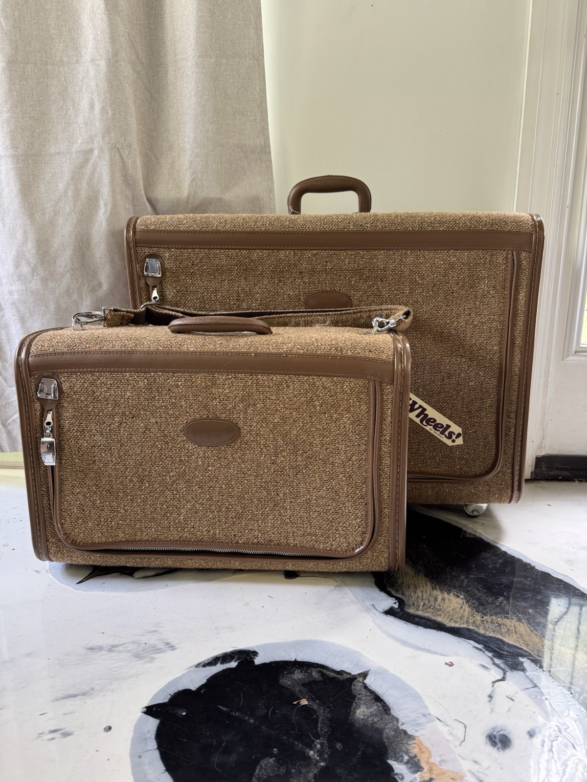 Vintage 1970s Skyway Tweed Luggage Set Brown Textured With Leather Like Trim Key