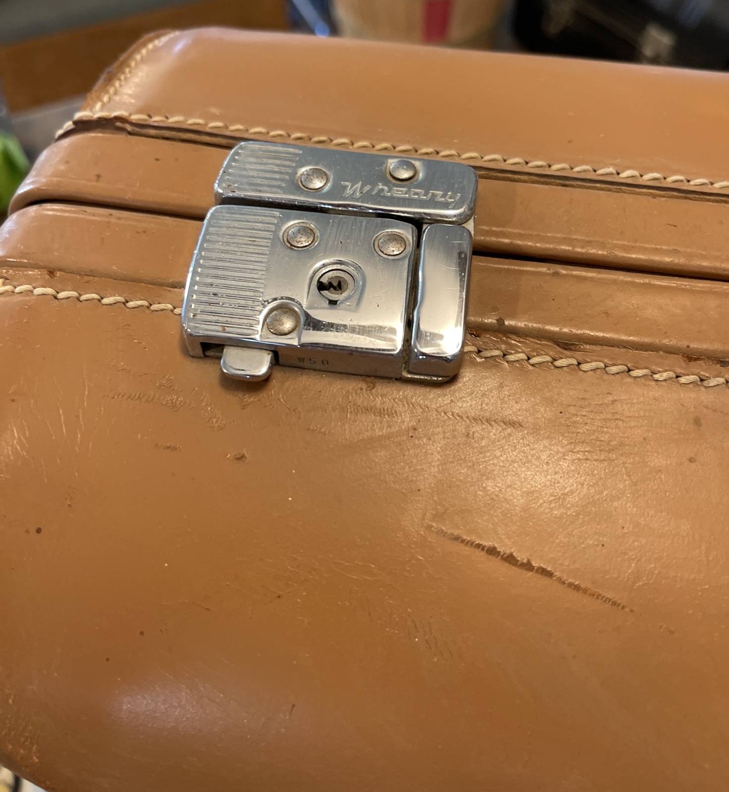 Vintage Wheary Leather Suitcase Double Handle W/Jacket Hanger 24” X 18” Big Nice