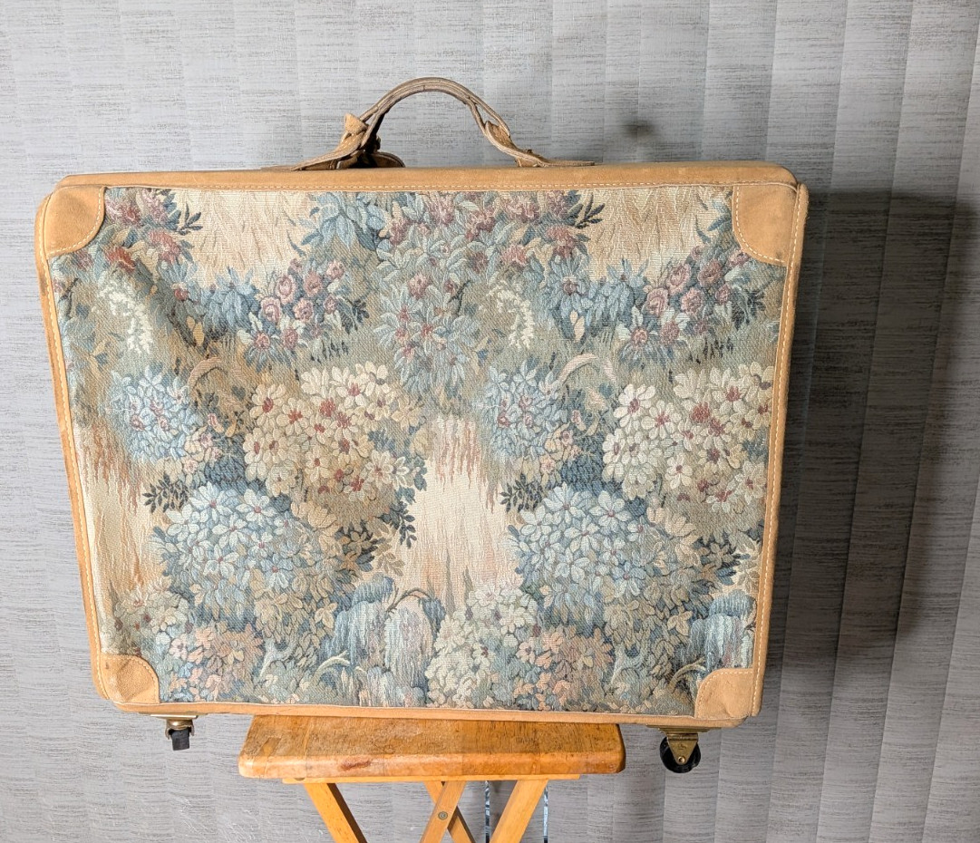 Vintage French Luggage Company Paradise Suede Tapestry Suitcase Made in USA