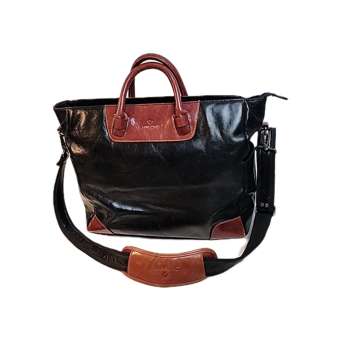 Vintage Samsonite Leather Black With Brown Trim Tote Bag Style 921515 Crossbody