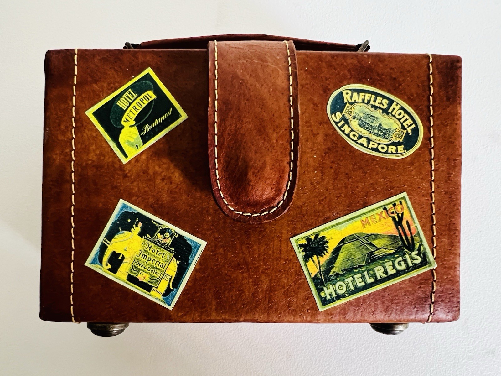 Vintage Leather Case Travel Stickers Magnetic Button Lined Mini Doll Suitcase 6”