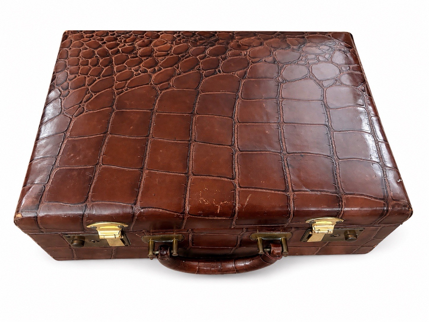 Vintage Brown Leather Art Deco Faux Crocodile Small Toiletry Travel Vanity Case