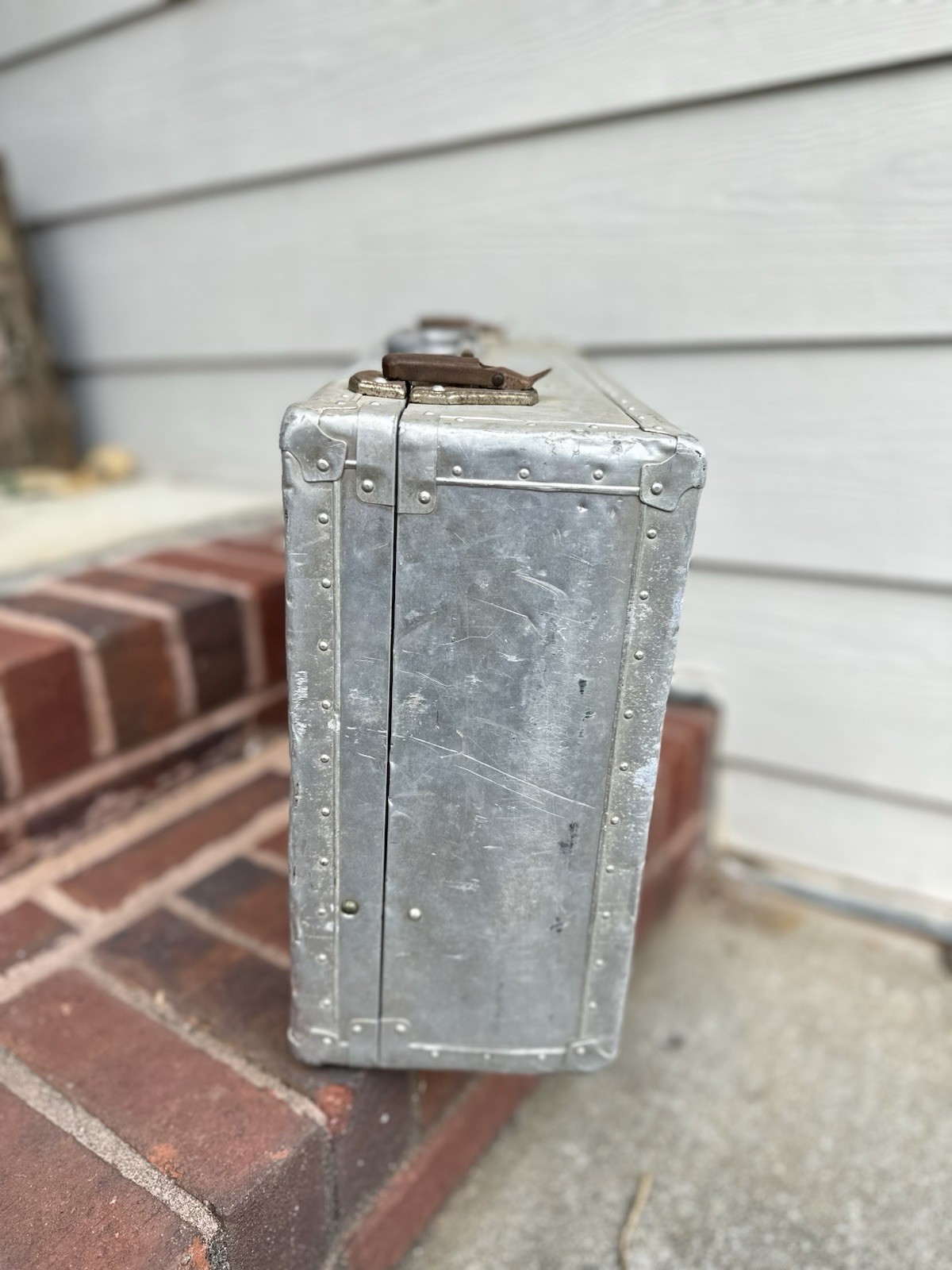 Vintage Machine Age Industrial Riveted Aluminum Travel Suitcase From 1930-1960
