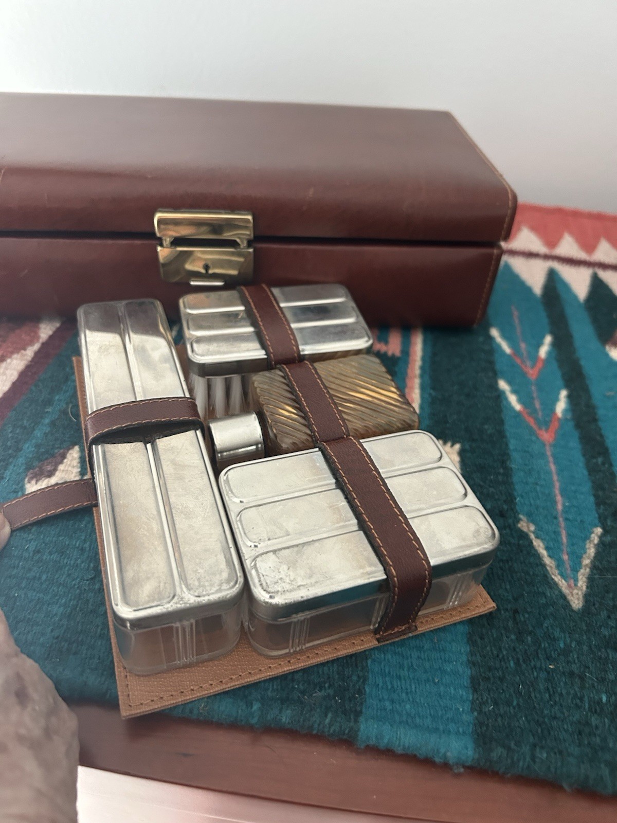 Travel Vanity leather Case. 12.5”x6”x3”. Lift Out Toiletrie Containers.