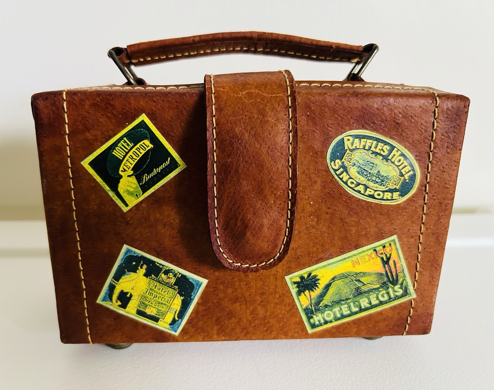 Vintage Leather Case Travel Stickers Magnetic Button Lined Mini Doll Suitcase 6”
