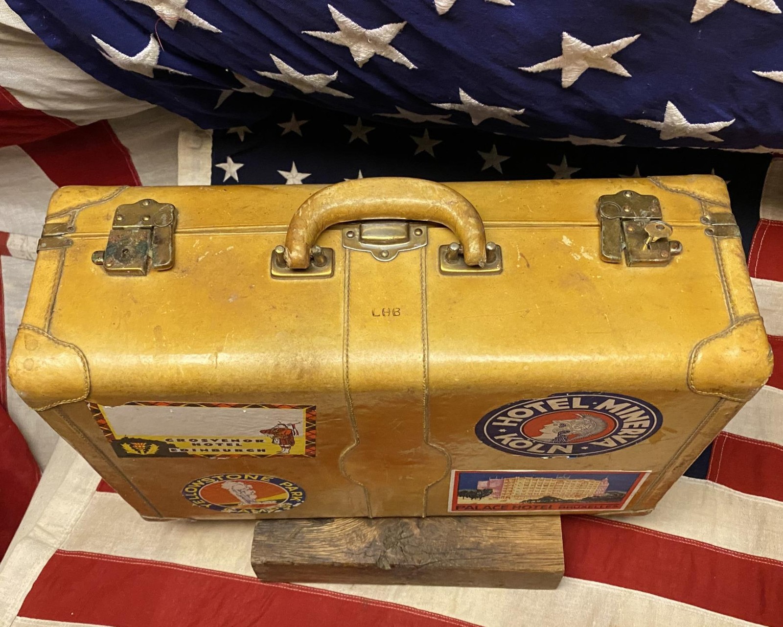 Vintage 1940s Cross Leather Suitcase Travel Stickers US/European Tour Display