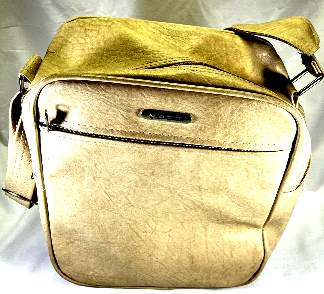 Vintage Samsonite Tan Faux Leather Carry-On Bag Travel Messenger Satchel Logo
