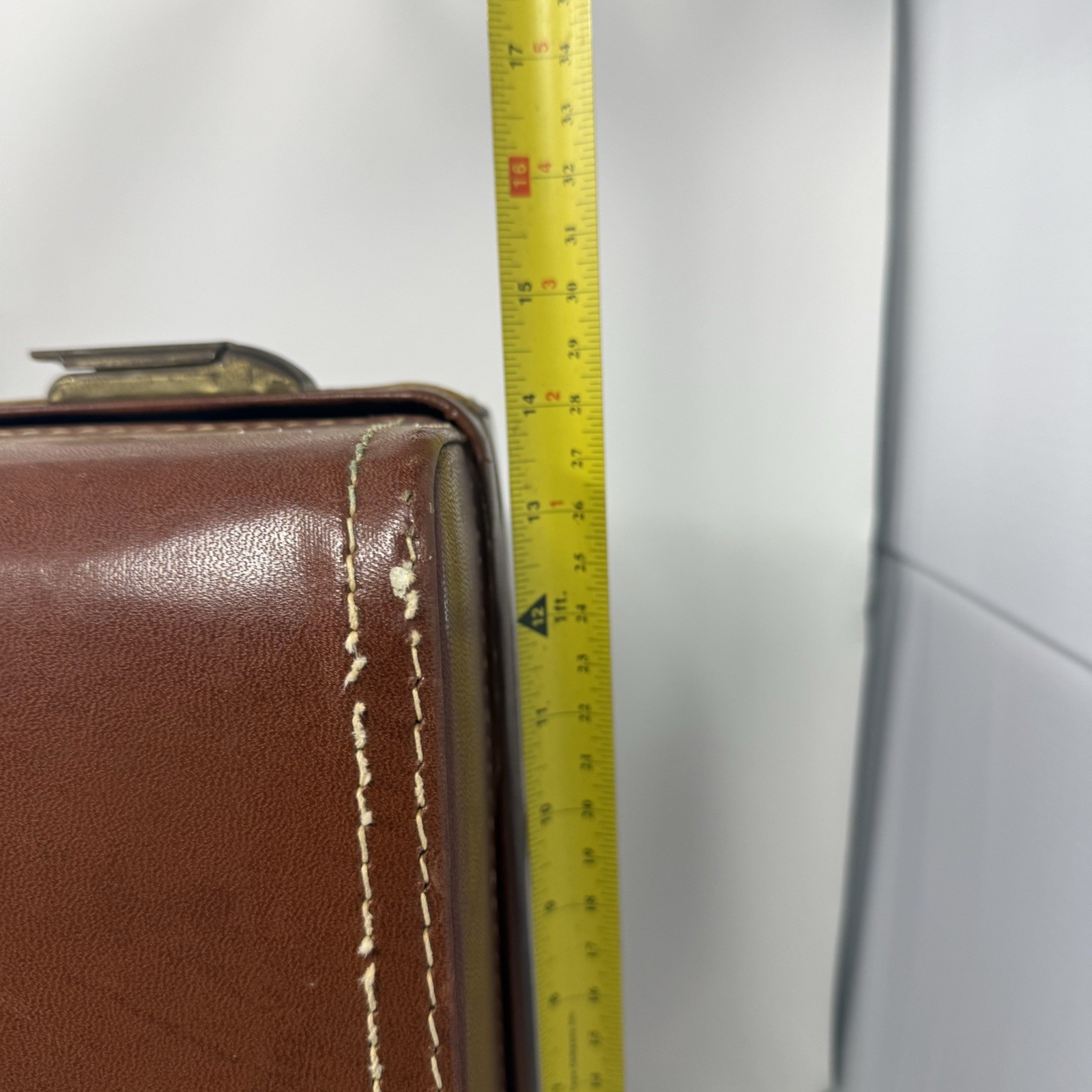 MCM Vtg Suitcase Brown Leather Brass Hardware Stitching 21X14x7 No Key