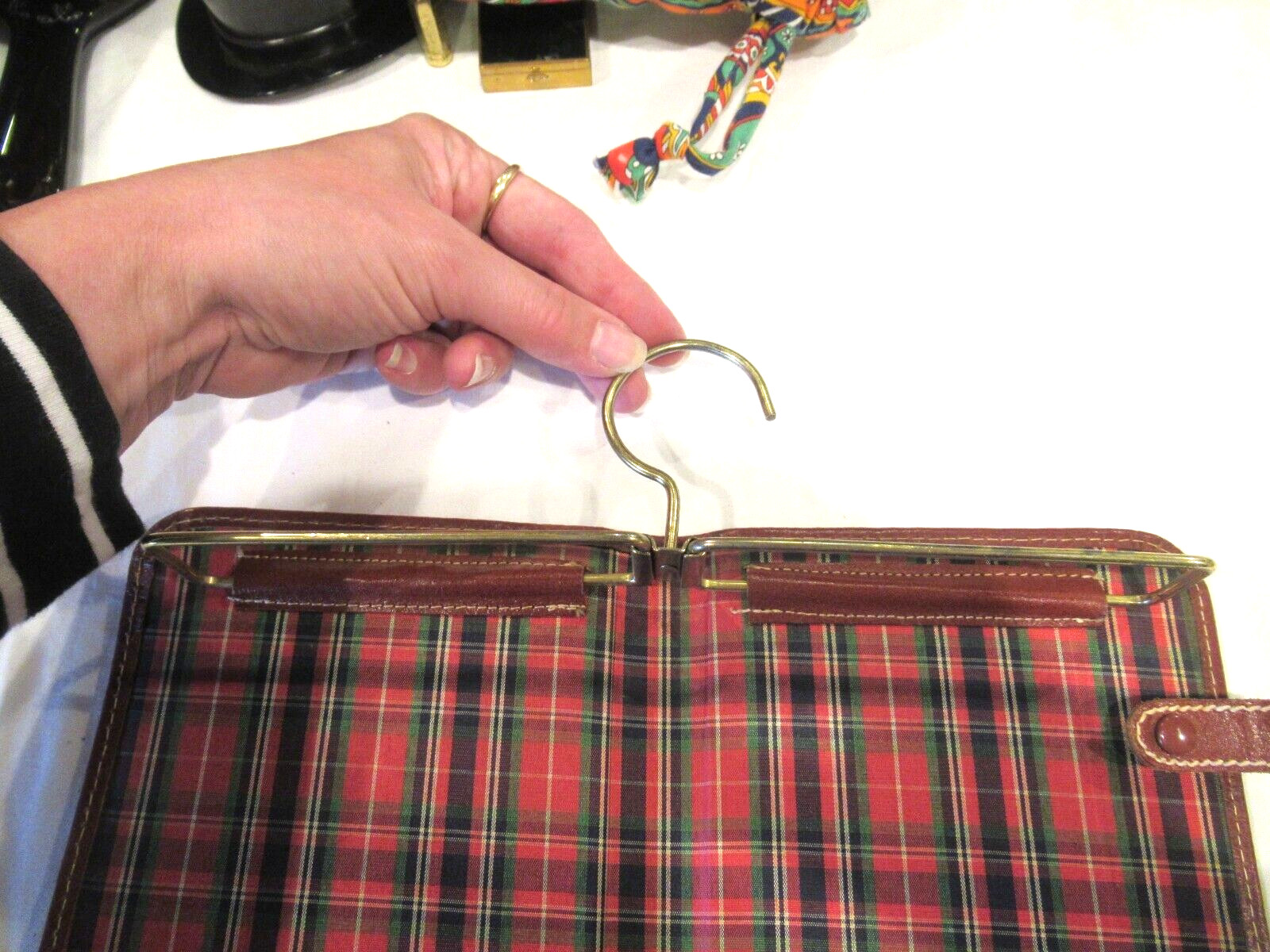 Vintage brown travel tie case, red plaid interior