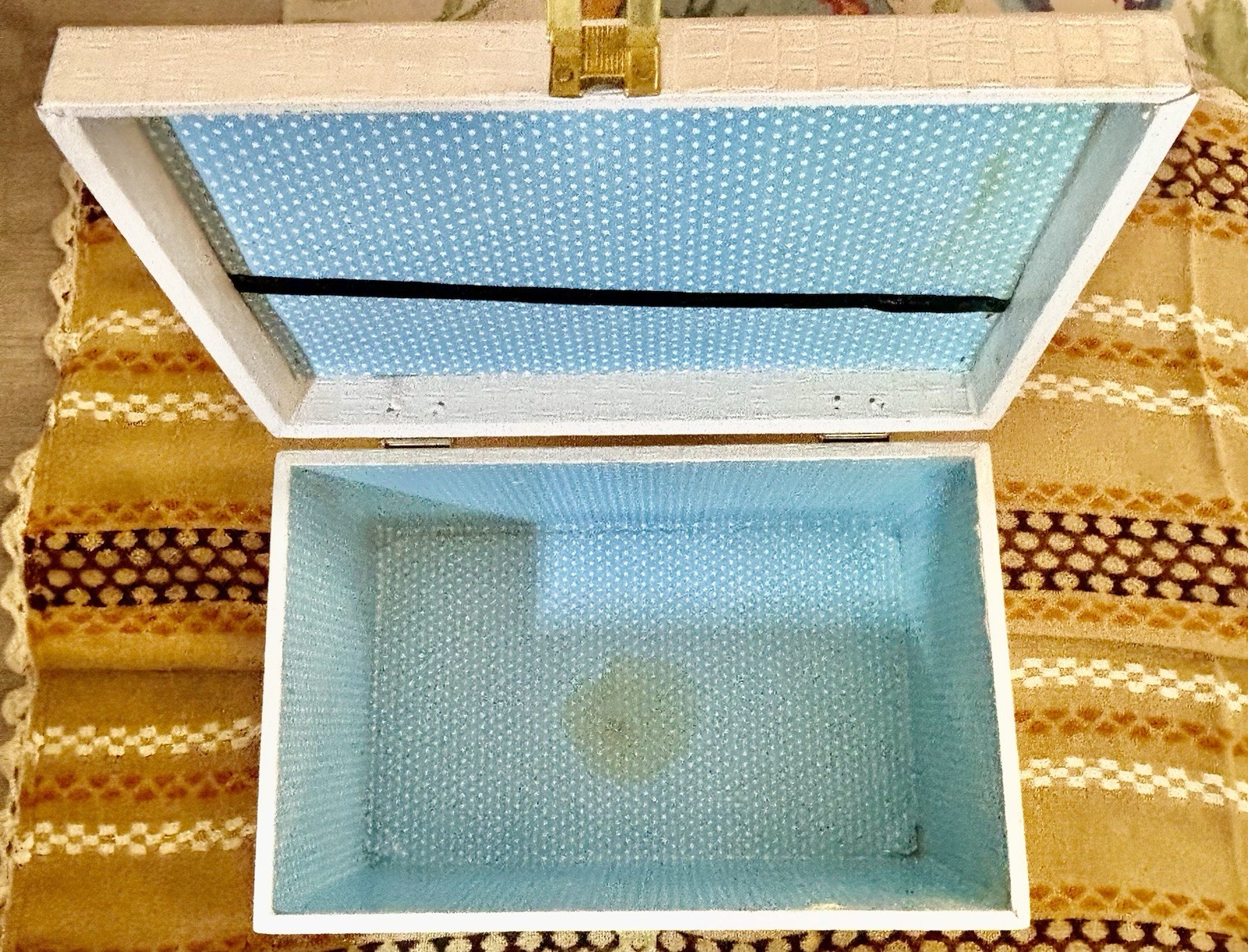Vintage White Faux Croc Vinyl Train Case Storage Box Blue Lining Retro Decor