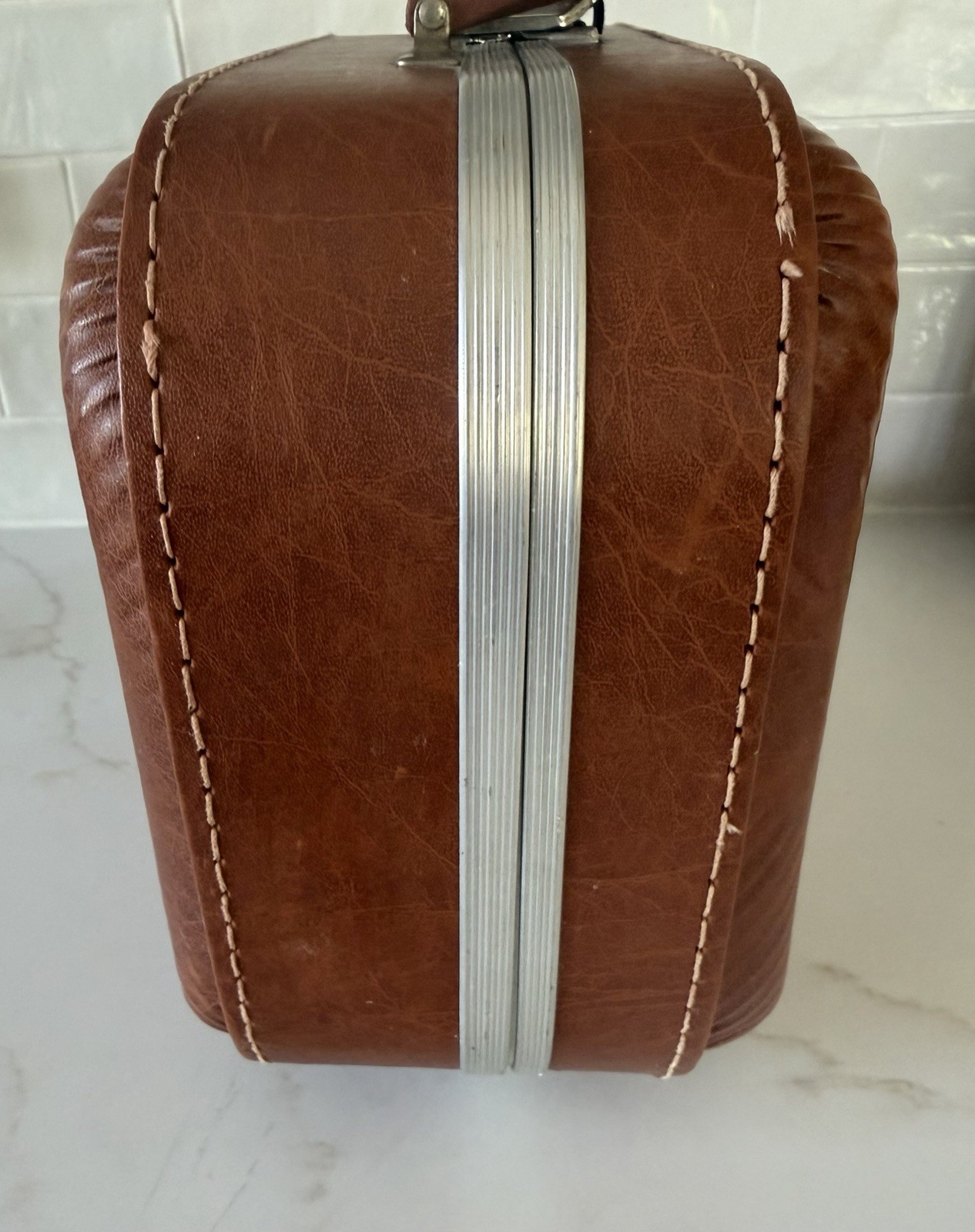 Vintage 1970s Kid’s Hard Brown Vinyl Suitcase ‘Going to Grandma’s’ Locking Dog
