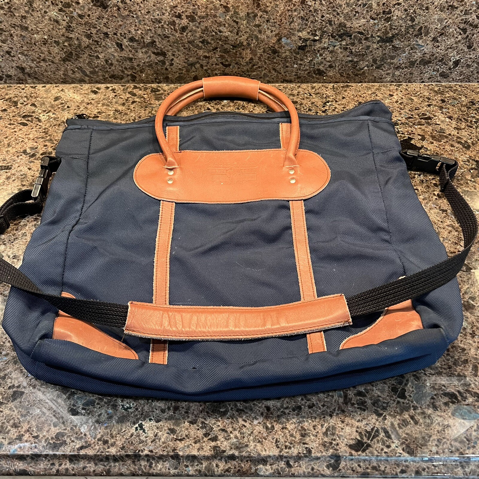 Vintage EDDIE BAUER Nylon Leather Duffel Tote Strap Bag Ford Bronco Blue 17x15x6