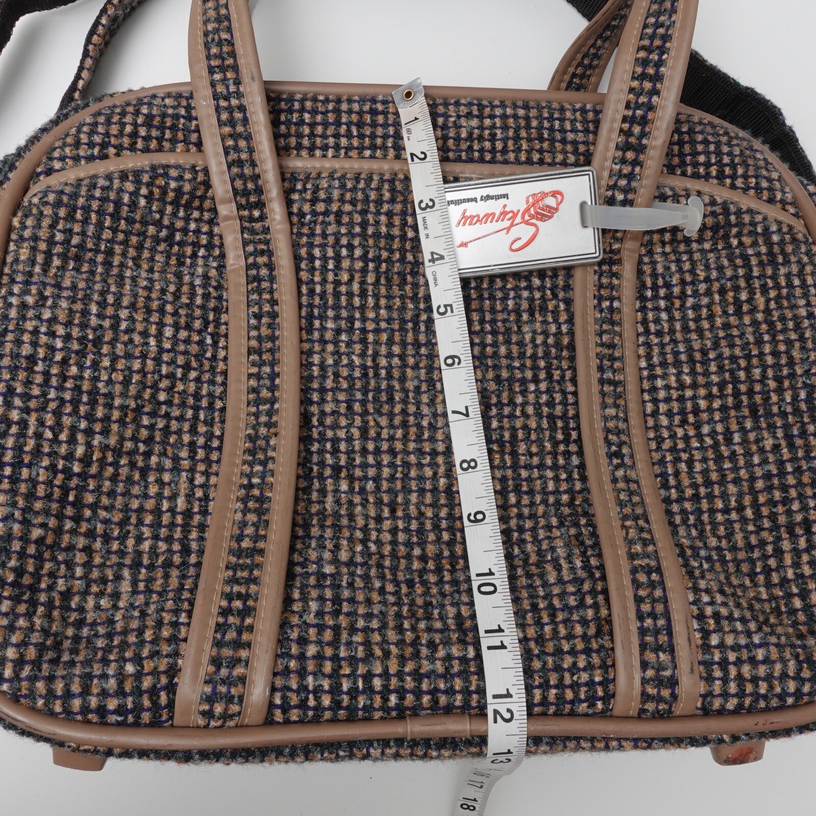 Vintage 60s Skyway Plaid Tweed Cosmetic Retro Carry On Bag Shoulder Strap Tan