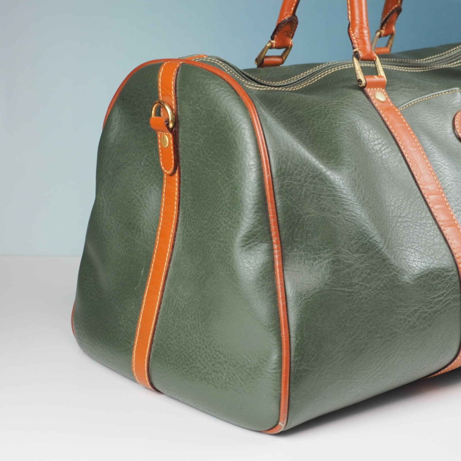Vintage Franco Rino Green Faux Leather Boston Bag Travel Luggage Retro 80s
