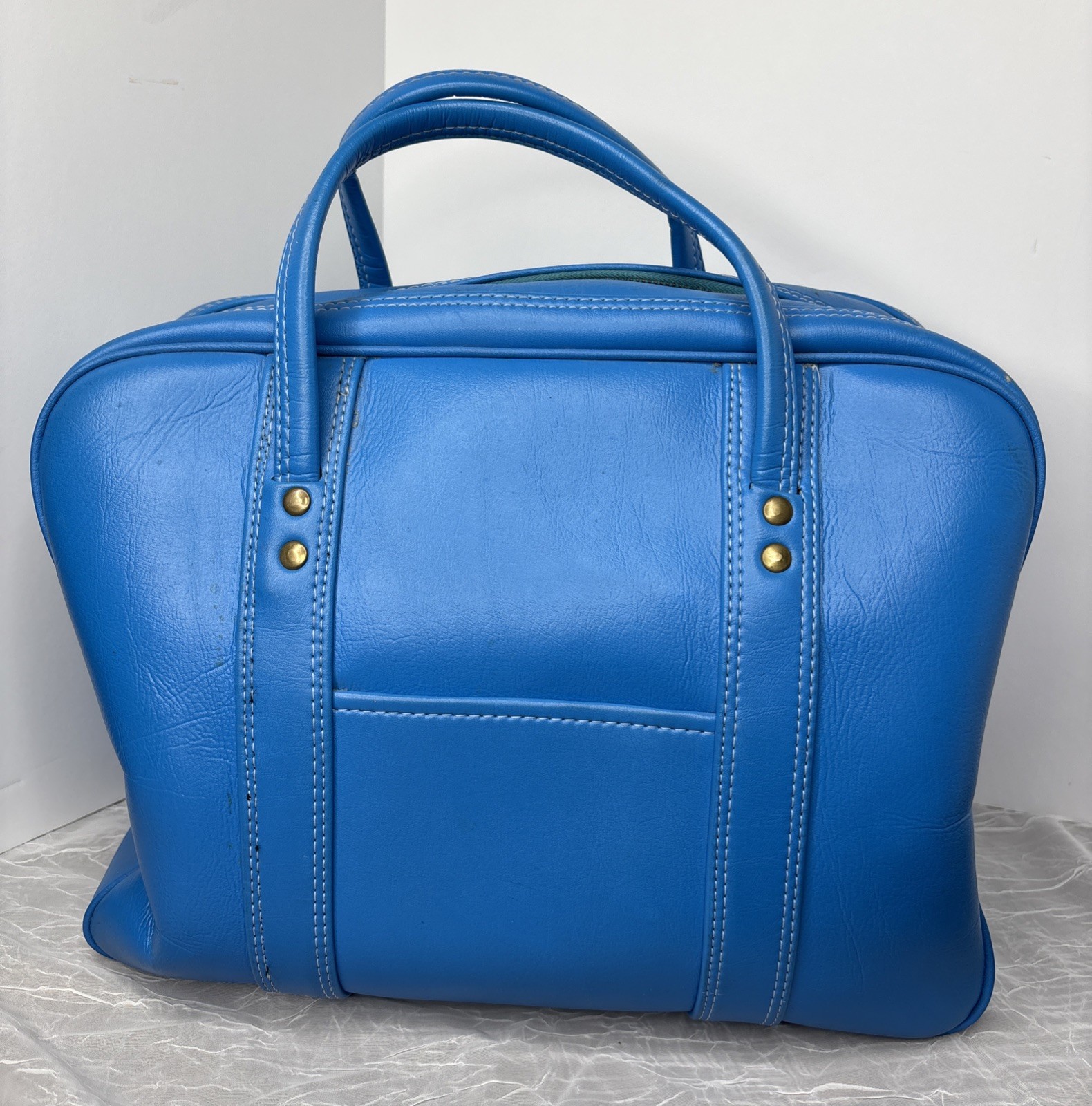 Vintage Aqua Turquoise Carry On Tote Luggage 1970s / 80s Travel Bag