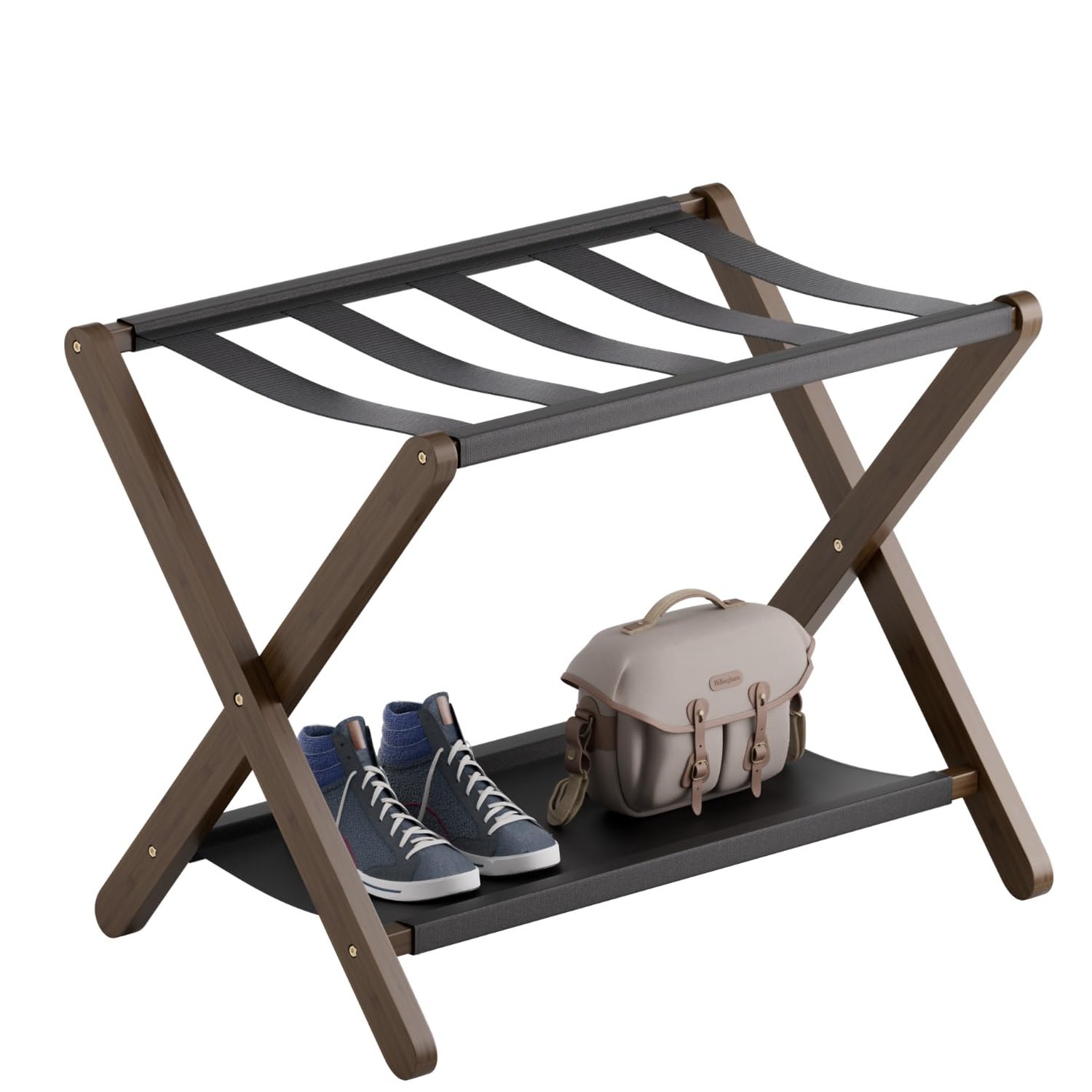 Luggage Rack, Folding Suitcase Stand with Storage Shelf, Premium Bamboo Lugga…