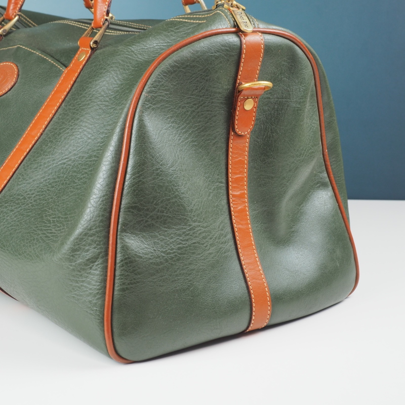 Vintage Franco Rino Green Faux Leather Boston Bag Travel Luggage Retro 80s
