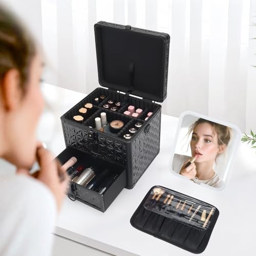 Makeup Case with Drawer, Detachable Lighted LED Mirror, Travel Sparkling Black