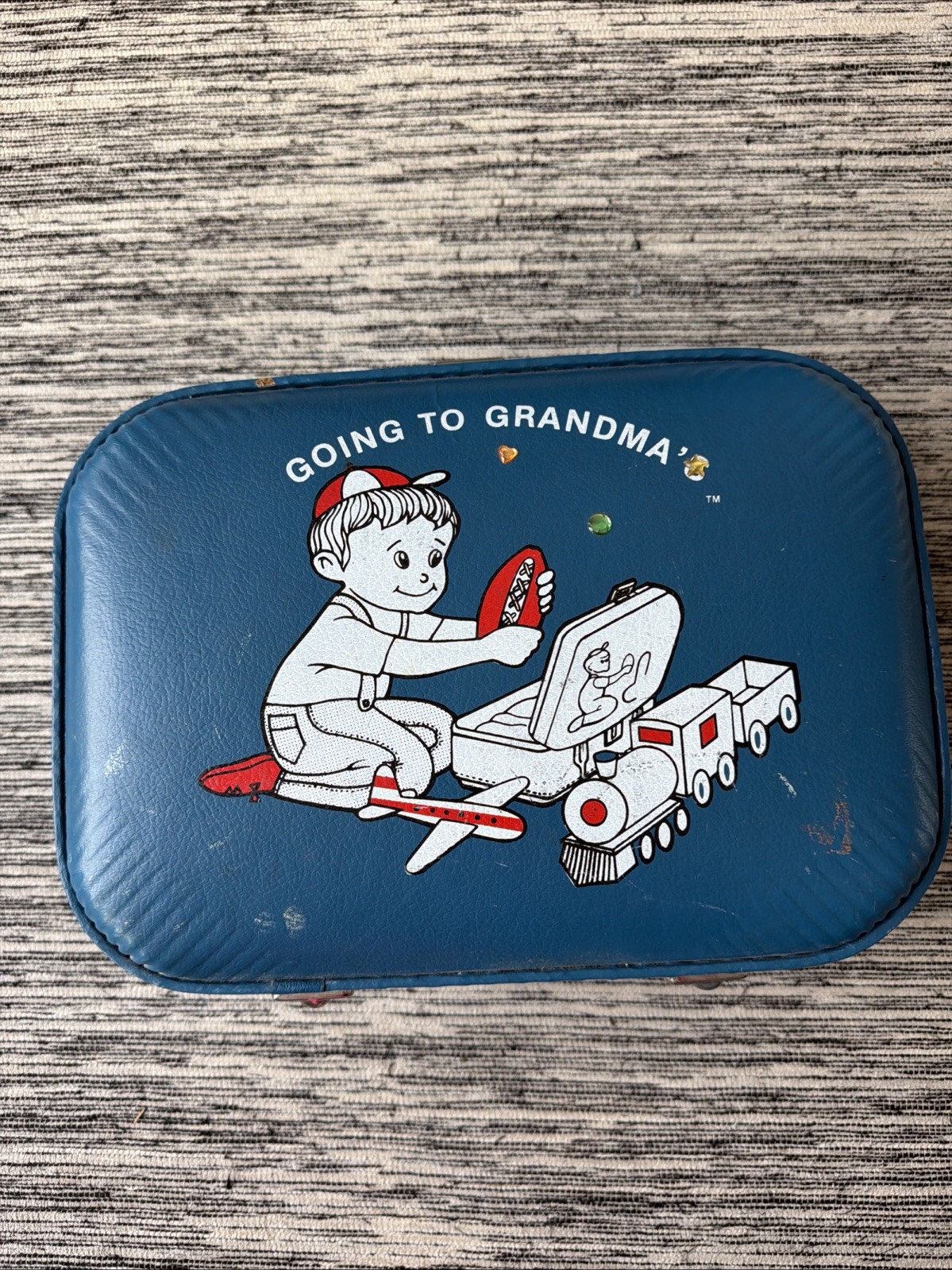 Vintage Boy Going To Grandmas Hardshell Travel Suitcase Football Train Blue