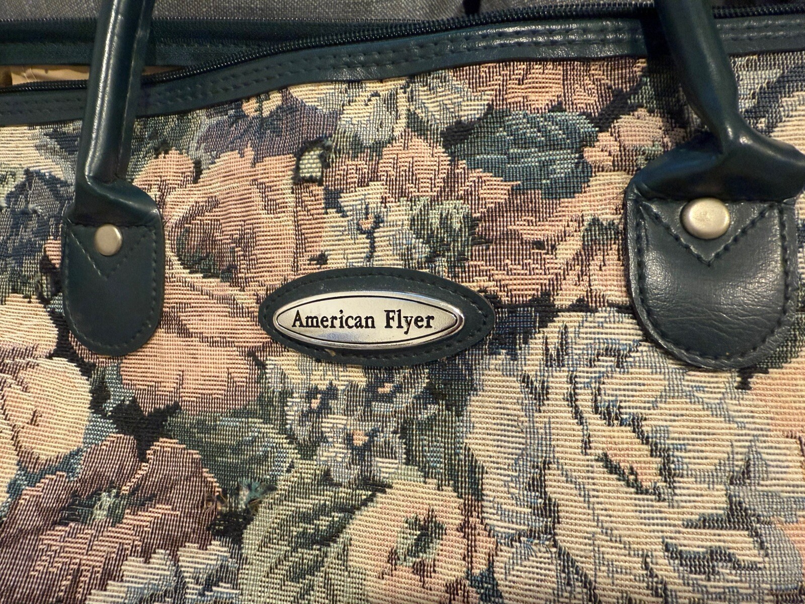 Vintage 80s American Flyer Luggage Floral Tapestry Overnight Bag Green Duffle