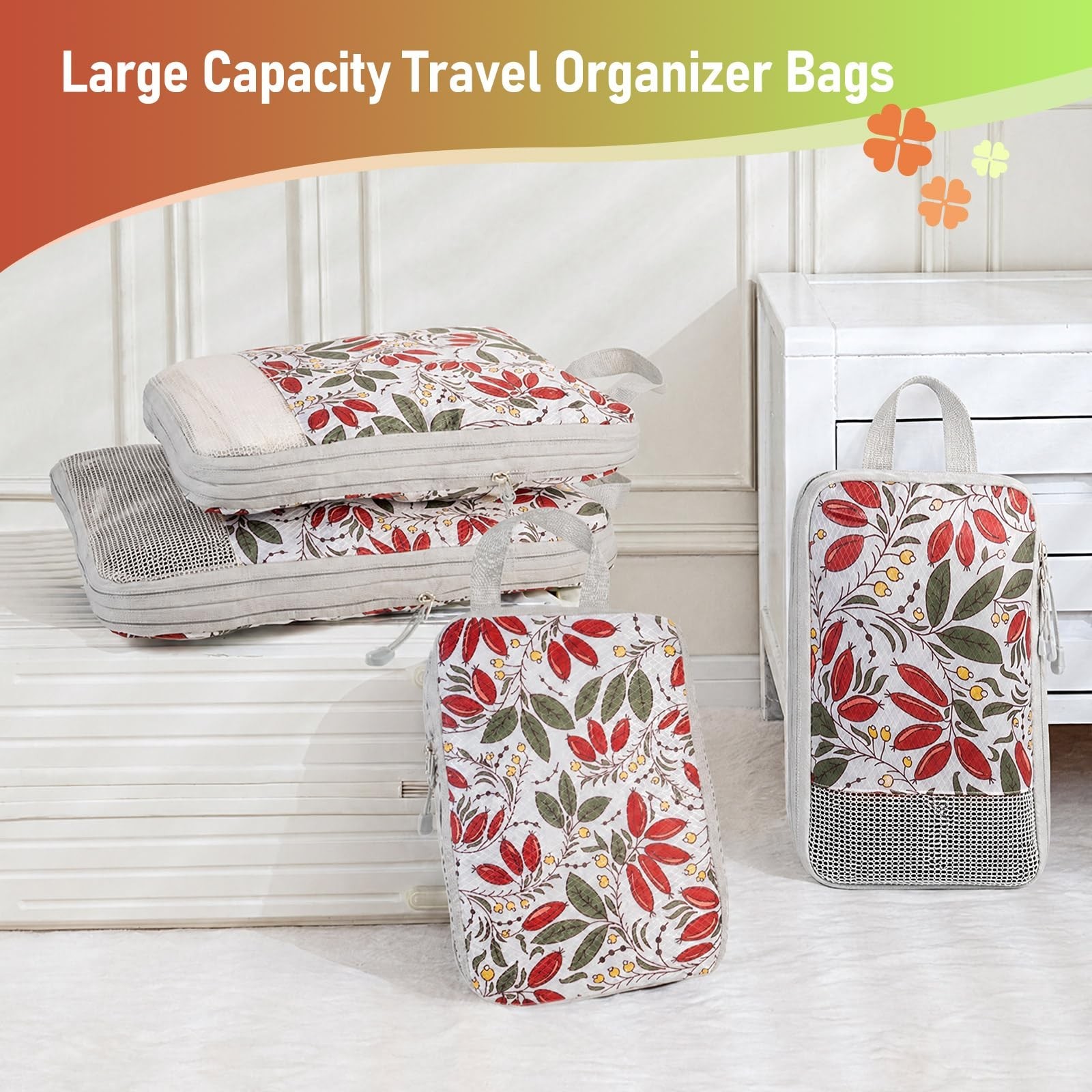 4 Set Compression Packing Cubes, Suitcase Organizer, Lightweight Travel Essen…