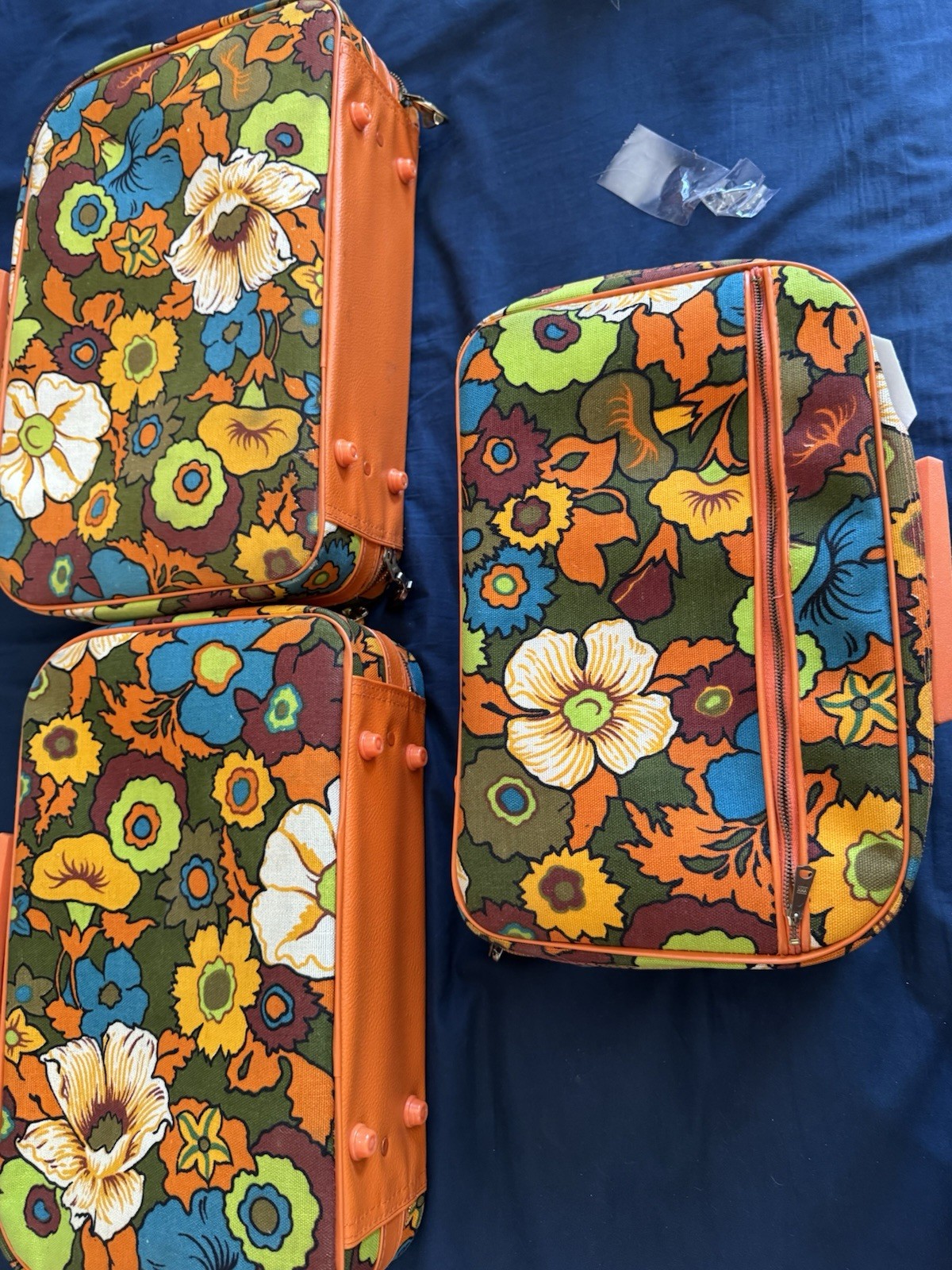 Vintage Flower Power Suitcases (3) Orange Travel Baggage