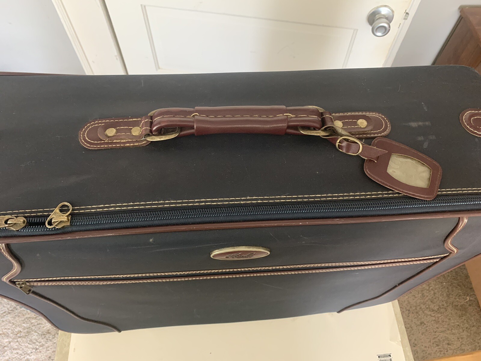 Vintage Verdi Suitcase Navy Blue With Brown Trim Very Good Condition