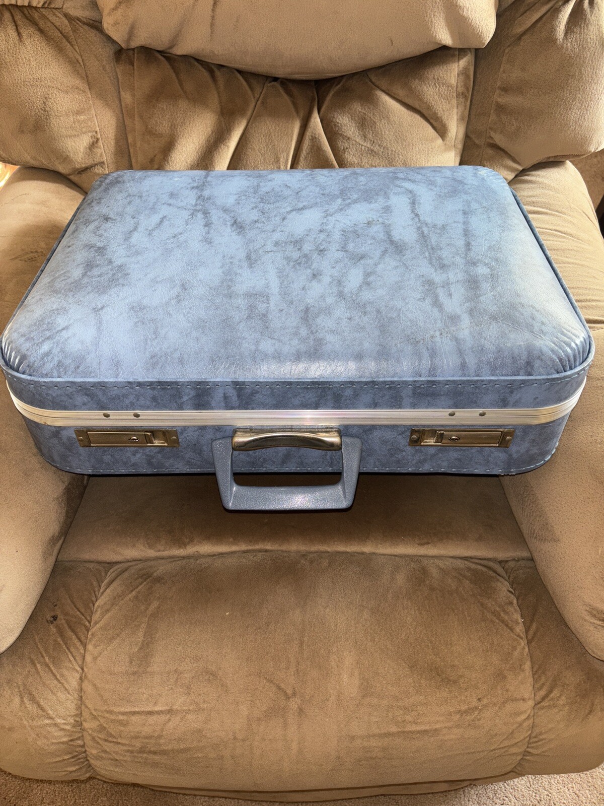 Vintage Scovill Blue Marble 4 Piece Luggage Suitcase Overnight Bags Shave Bag