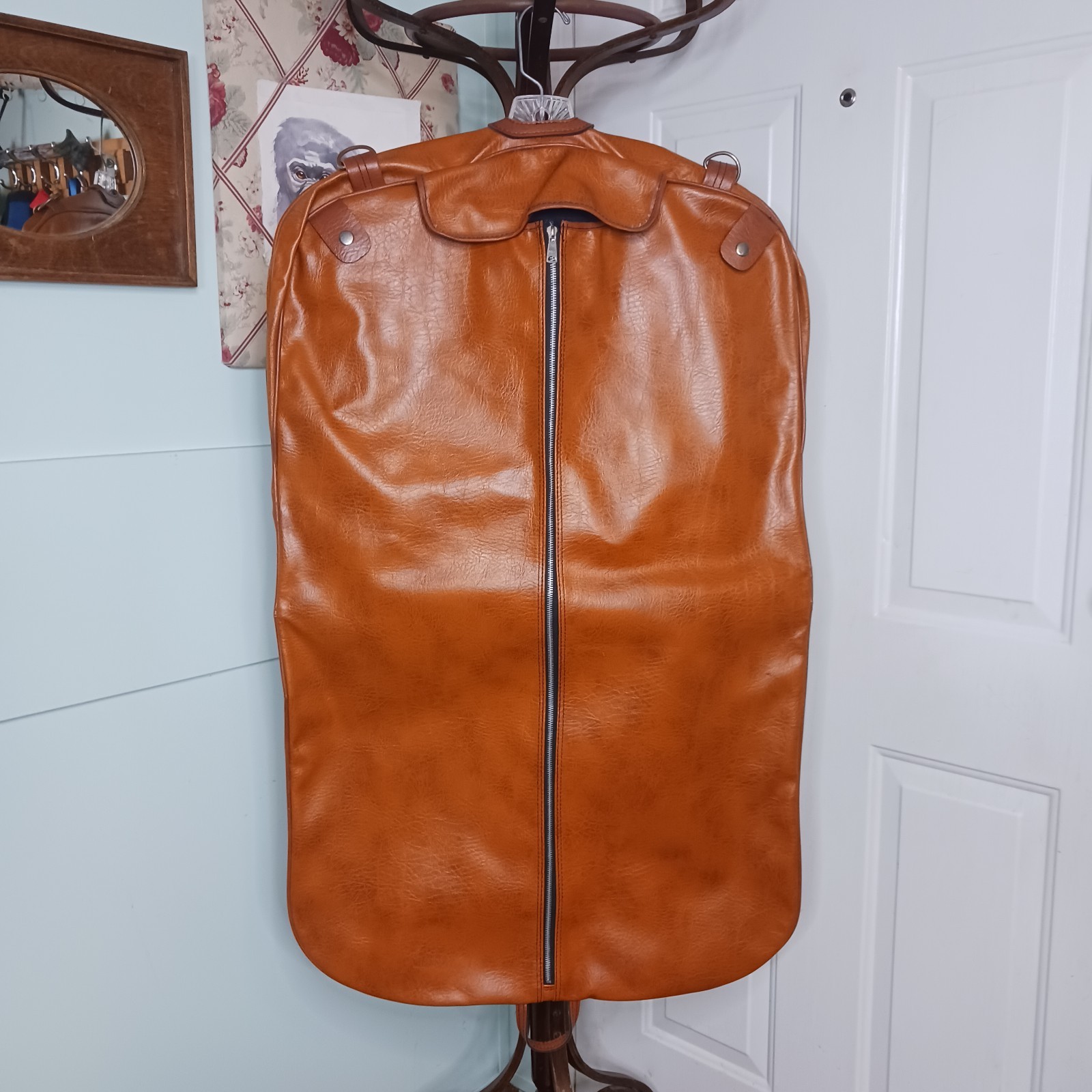 VINTAGE 70s Faux Vegan Leather Garment Suit Bag CARRIER TRAVEL LUGGAGE WARDROBE