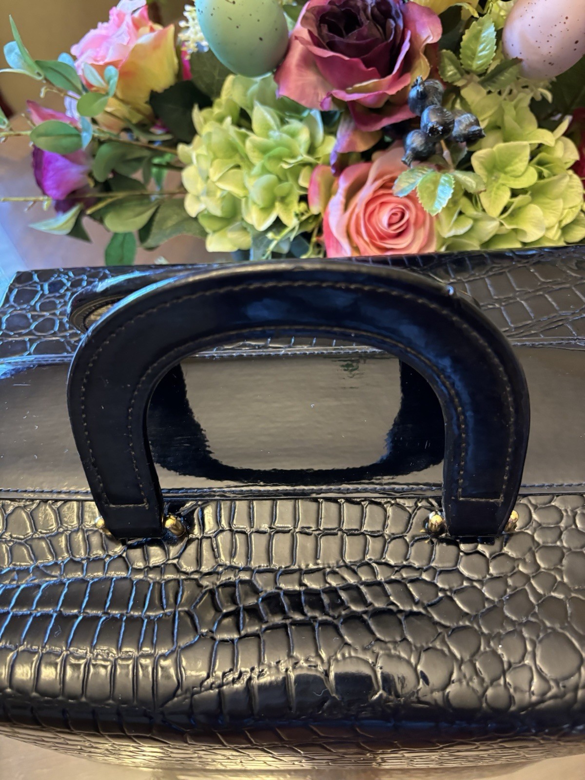 CB Vintage Crocodile Patent Leather Makeup Train Case Black