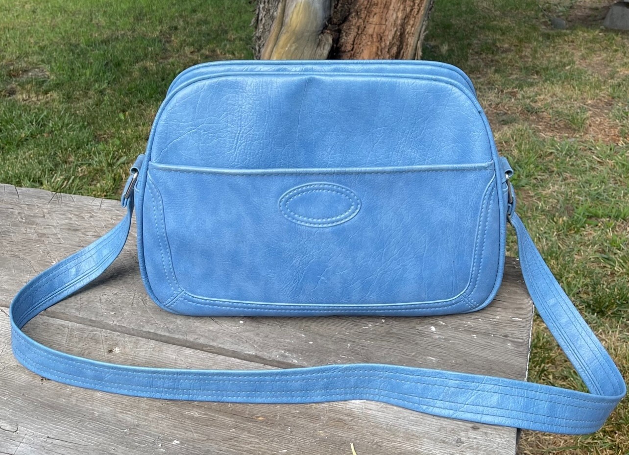 Vintage 1960s Blue Weekender Bag Travel Canvas Crossbody Over the Shoulder
