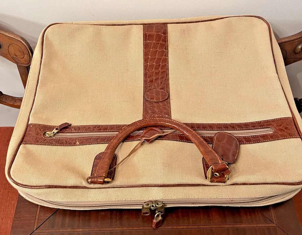 Vtg Garment Bag- Classic Luggage Tan Tweed Brown Croc Takashimaya Japan/NY TAGS