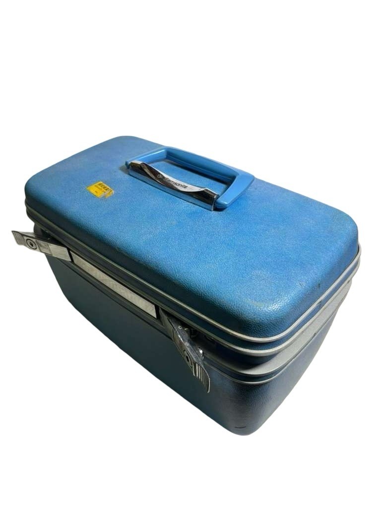 Vintage Samsonite Makeup Case Blue Hard Shell Travel Vanity Train Case No Keys