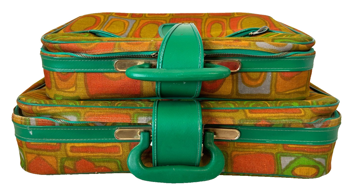 Set Of 2 Vintage 60s 70s Geo Suitcase Granny Retro Mod Travel Luggage Japan VGUC