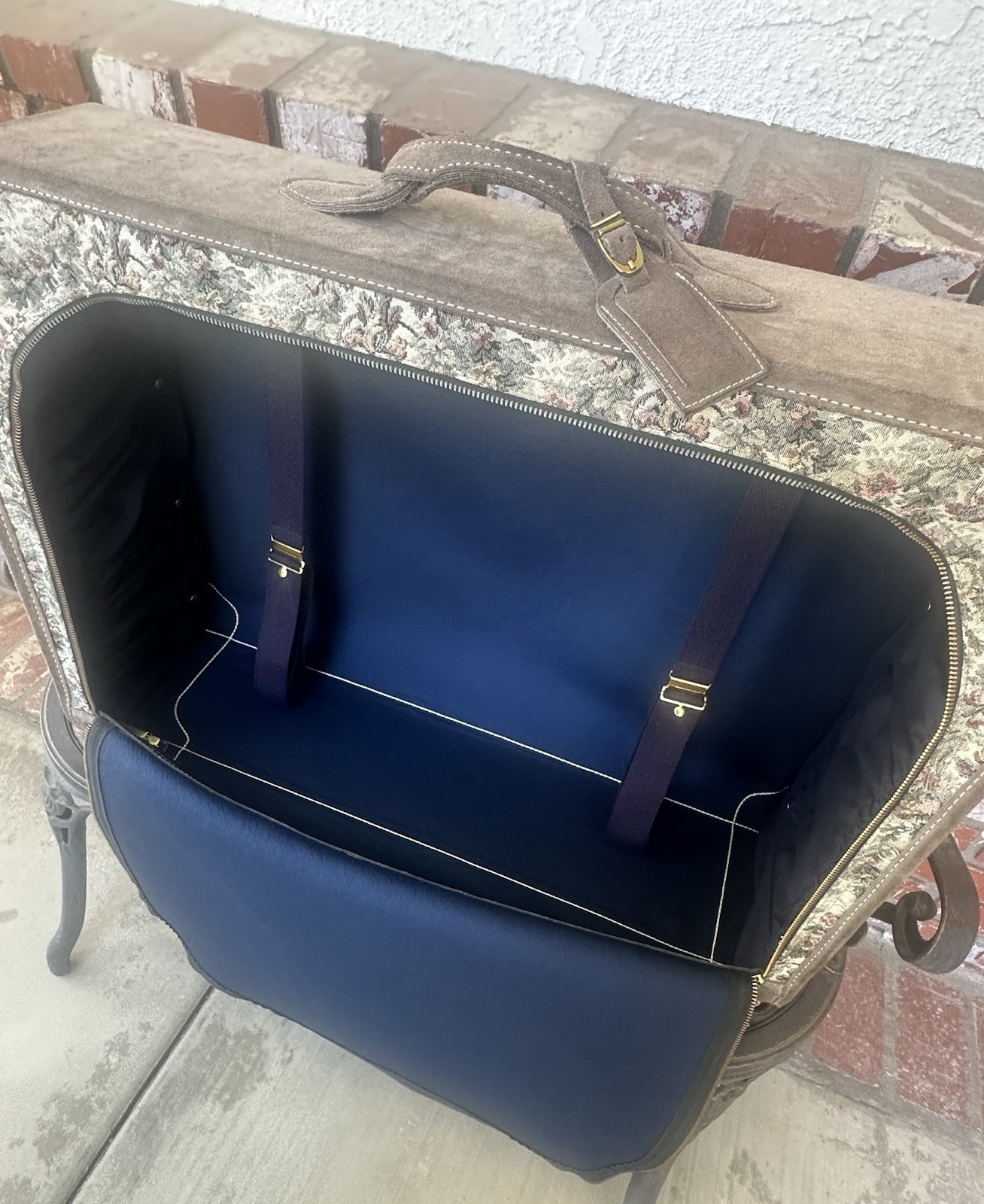 Vintage French Co Luggage; Grey Rose Tapestry W/Suede/ID Tag; Blue Int/Cmbo Lock