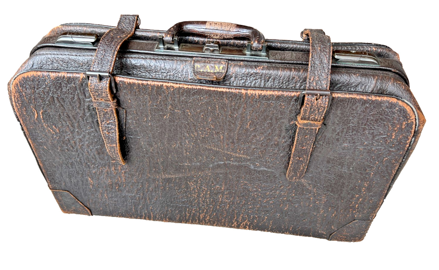 Antique 1930s Pebbled Cowhide Leather Suitcase Brass Triple Lock Depression Era