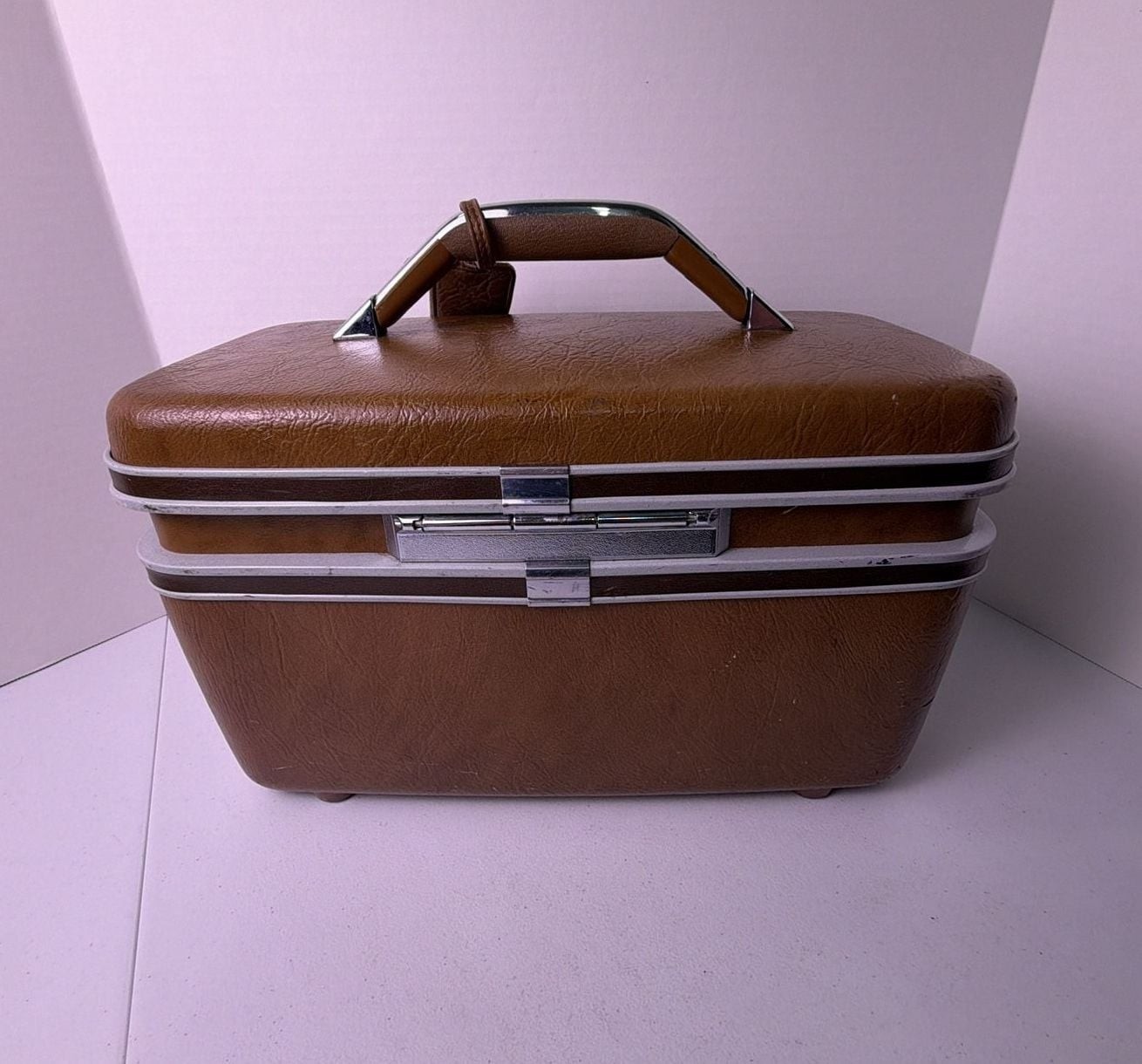 Vintage Samsonite Silhouette Brown Train Case Makeup Travel Luggage with Mirror
