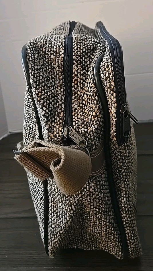 Verdi Travel Bag Vintage Tweed Faux Leather 70s Brown Pockets Shoulder Strap USA