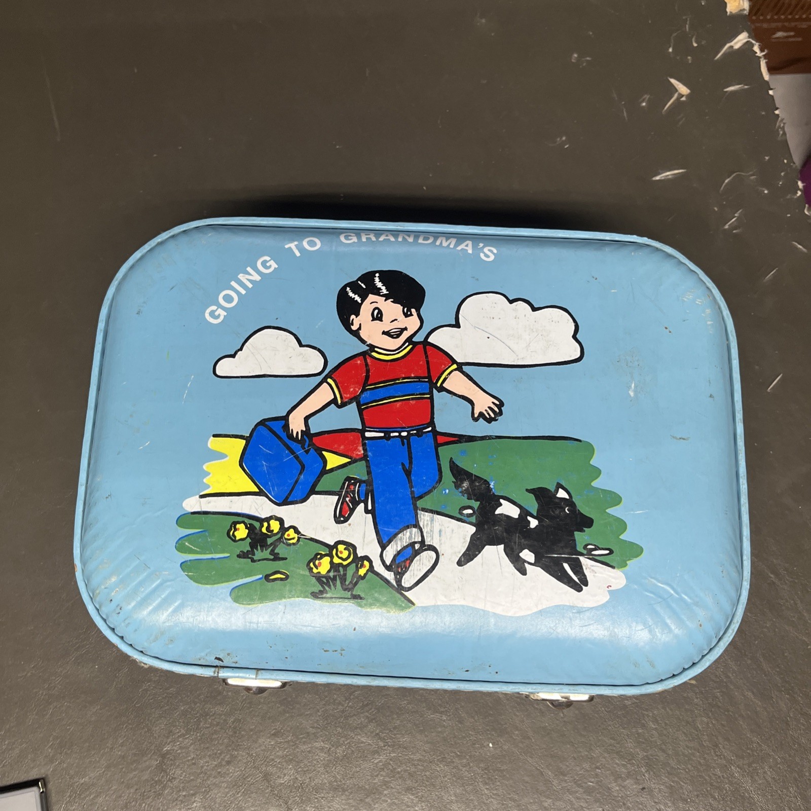 Vintage 1960s Blue Hard Shell Child’s Suitcase “Going to Grandma’s” w/ Boy & Dog