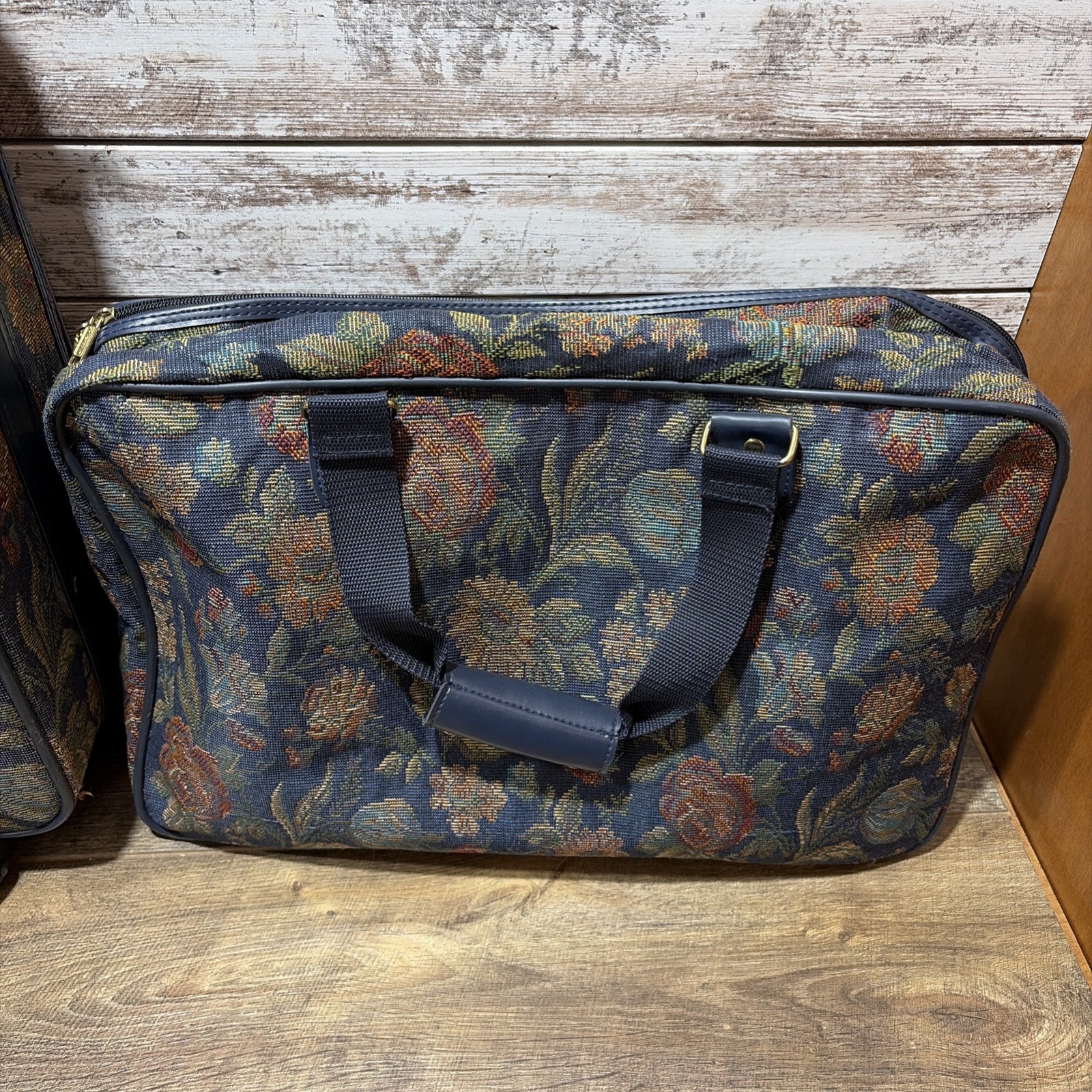 VTG Jaguar 2 Pc. Blue Floral Jacquard J.C. Penney Luggage Set Travel Suitcases