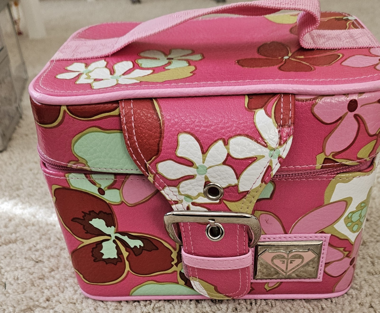 Vintage Roxy Train Case Luggage Makeup Bag Travel Tropical Print Pink